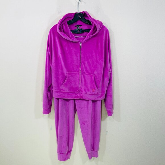 Victoria's Secret Size L Pink Velour Velvet Tracksuit Set Cropped Hoodie Jogger‎ - Picture 1 of 11